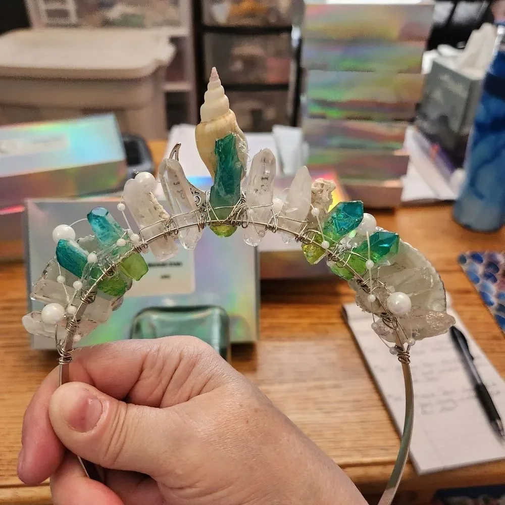 Mermaid Crown Green/White Crystal Quarts, Coral, Pearls, Shell, & Silver Moon!